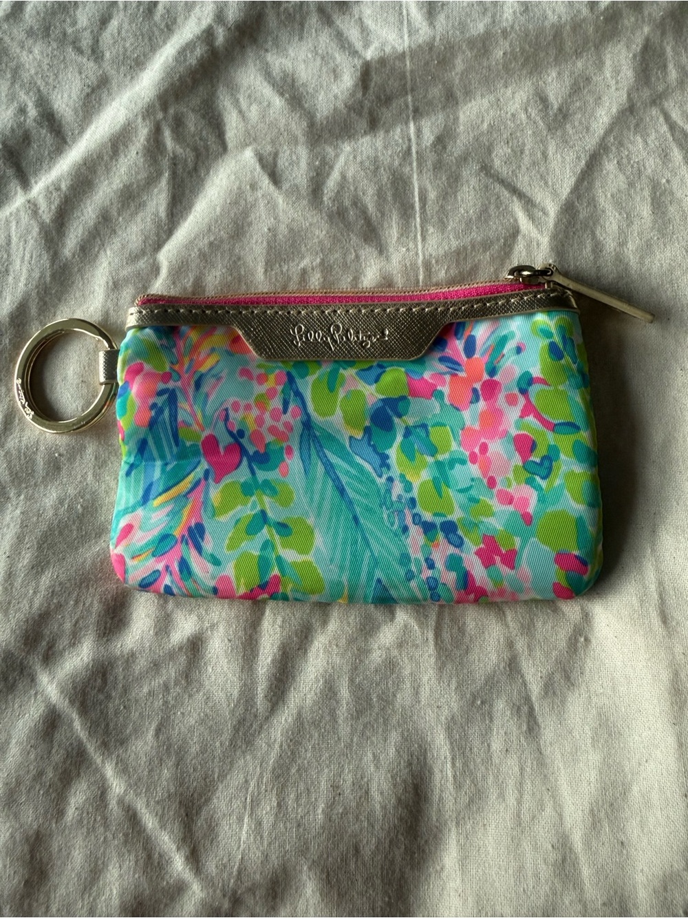 Lilly Pulitzer Teal Floral Keyring Pouch with Pink Accents